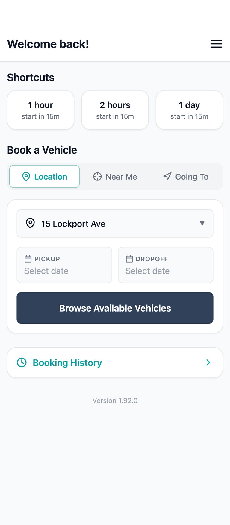 Rent Electric app home screen with booking shortcuts