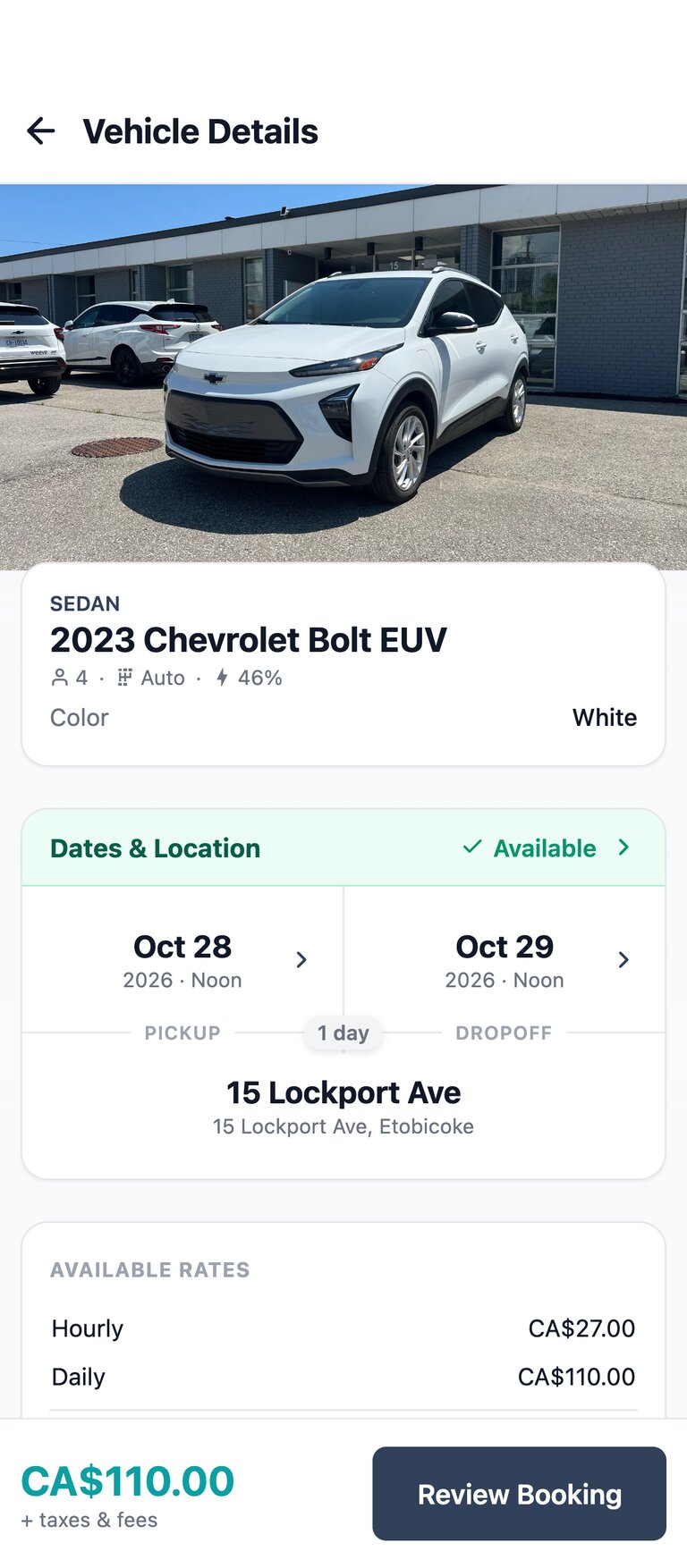 Rent Electric app vehicle details with dates and rates