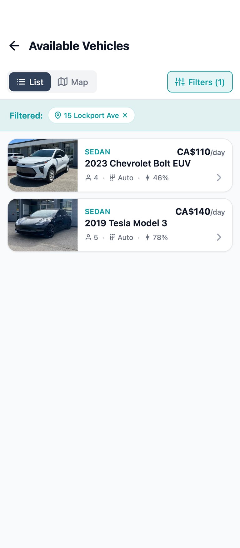 Rent Electric app list of available vehicles at 15 Lockport Ave